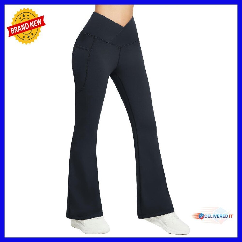 Fleece Lined Flare Leggings with Pockets, Thermal Yoga Pants for Winter